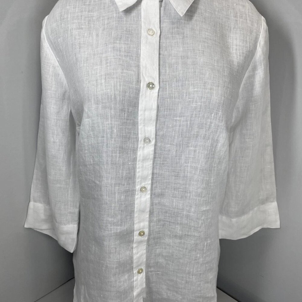 NEW 120% LINO Women's Bria Linen Button-Up Shirt–Size M–White 3/4 Sleeve Blouse